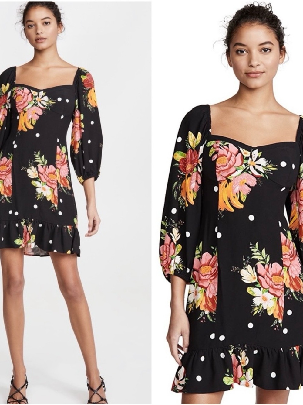 FARM Rio Black Floral Square-Neck Mini Dress